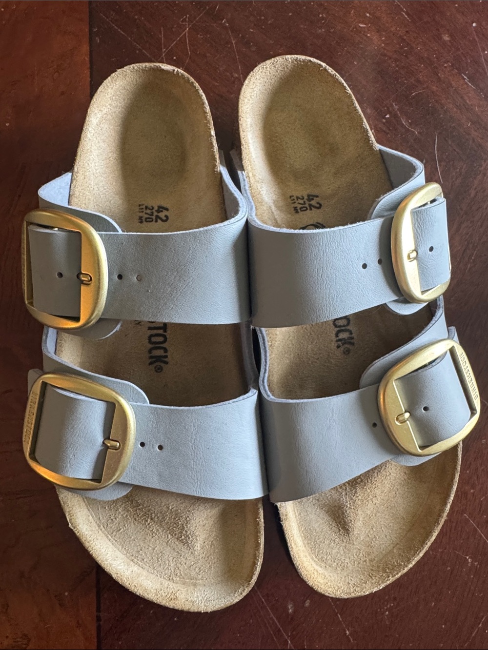 Birkenstock Women Light Gray Birkenstock Sandals with Gold Buckles